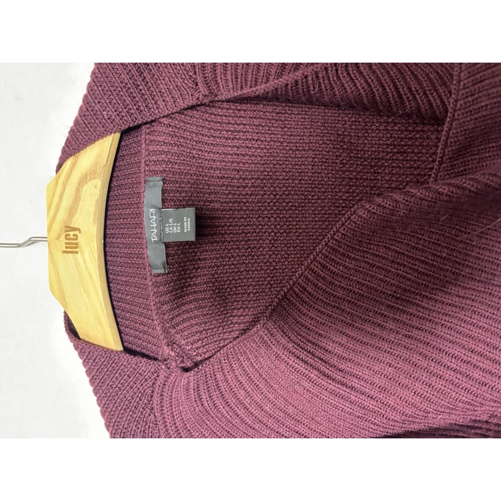Tahari‎ Open Cardigan Sweater Women L Maroon Red Ribbed Cable Knit Merino Wool